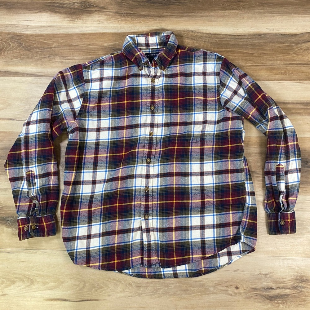 Lands' End Flannel Shirt Mens Large 16-16.5 Plaid Cotton Burgundy Brown White